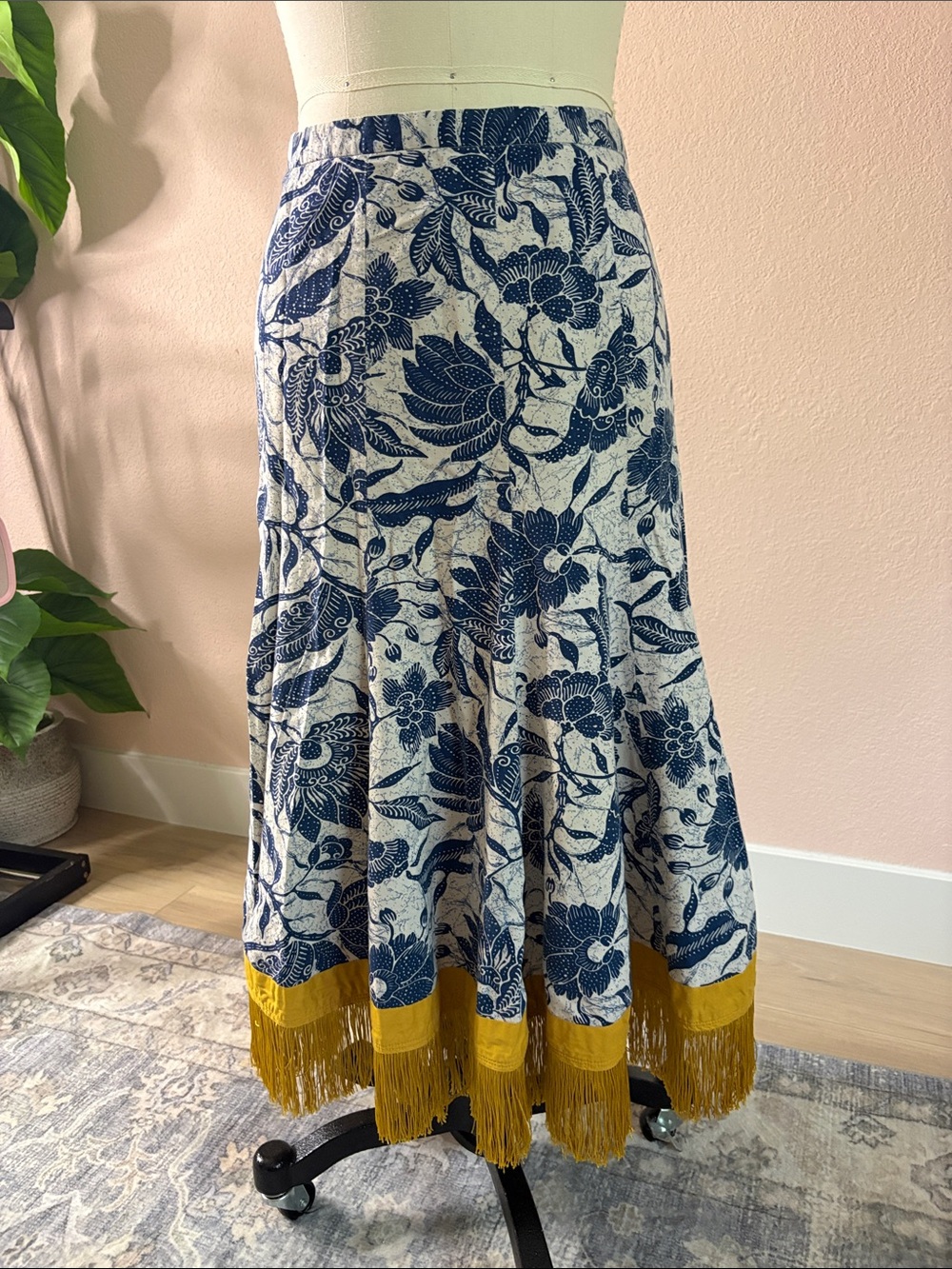 Blue Floral Midi Skirt with Fringe